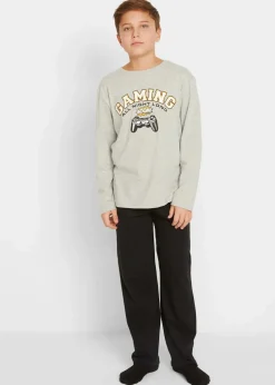 bonprix Jungen·Nachtwäsche|Pyjama mit weicher Baumwolle (2-tlg. Set) hellgrau meliert/schwarz