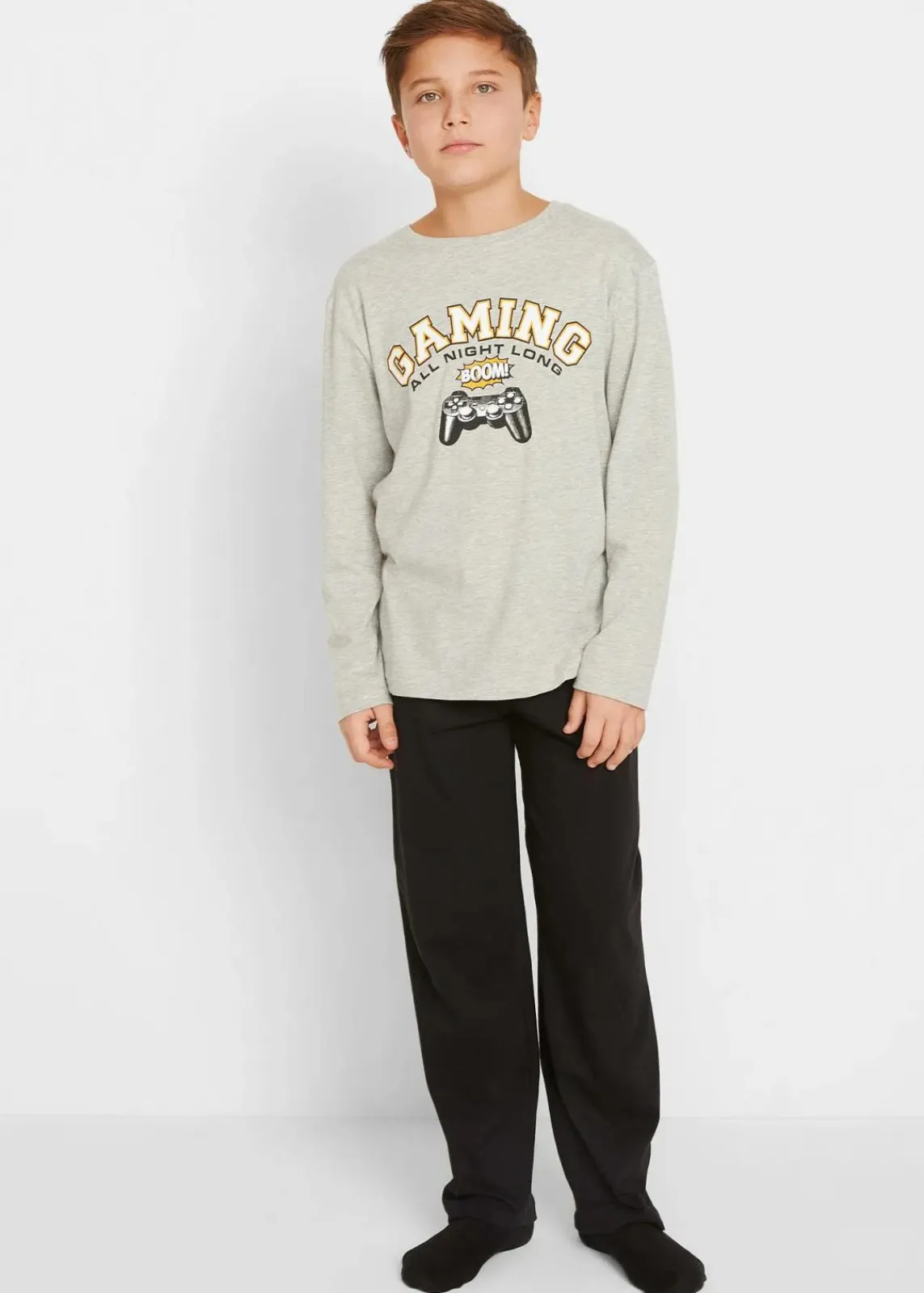 bonprix Jungen·Nachtwäsche|Pyjama mit weicher Baumwolle (2-tlg. Set) hellgrau meliert/schwarz