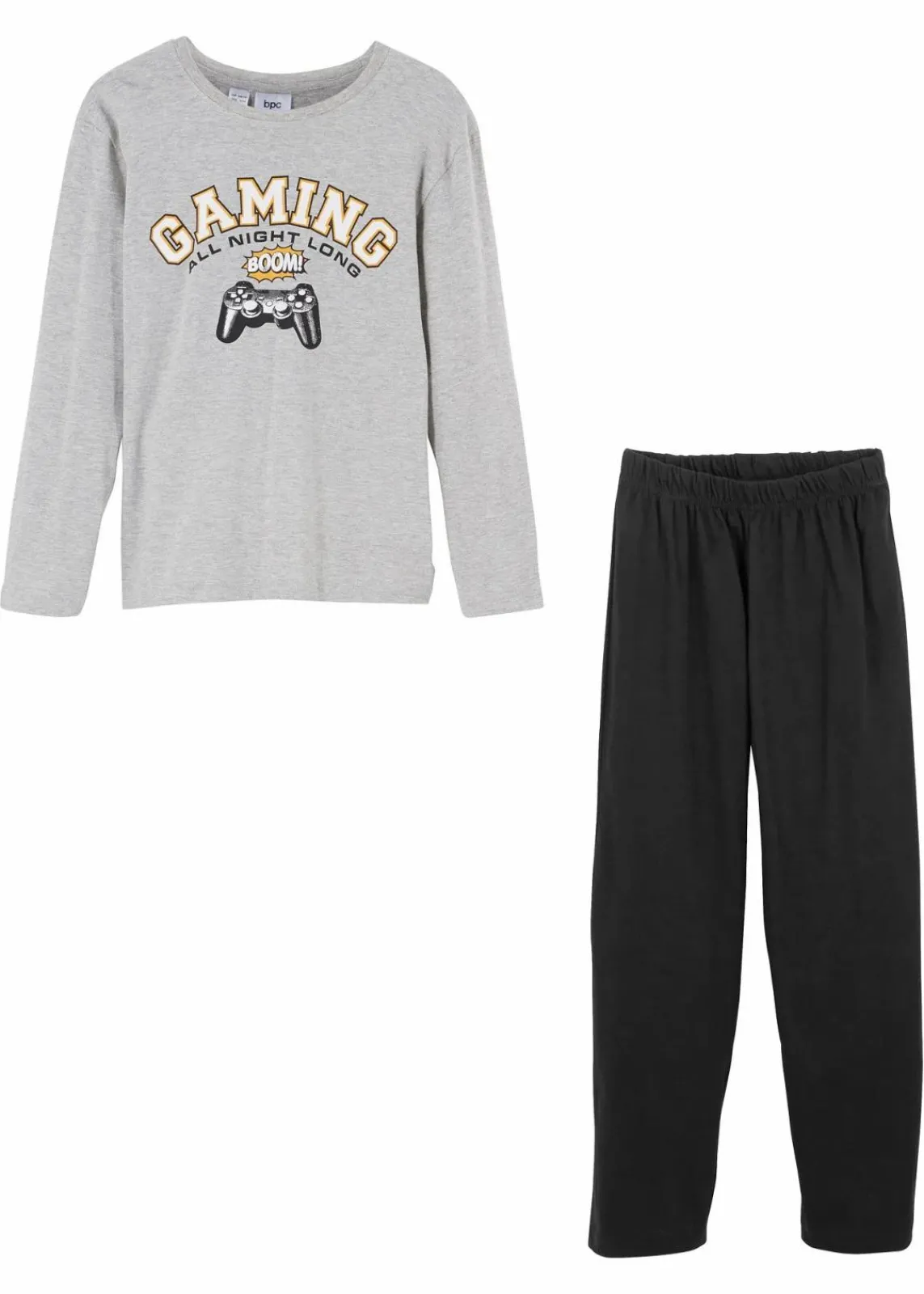 bonprix Jungen·Nachtwäsche|Pyjama mit weicher Baumwolle (2-tlg. Set) hellgrau meliert/schwarz