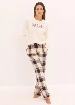 bonprix Wäsche·Nachtwäsche|Nachtwäsche|Pyjama mit weicher Webhose und Geschenktasche naturbeige/holunderbeere kariert