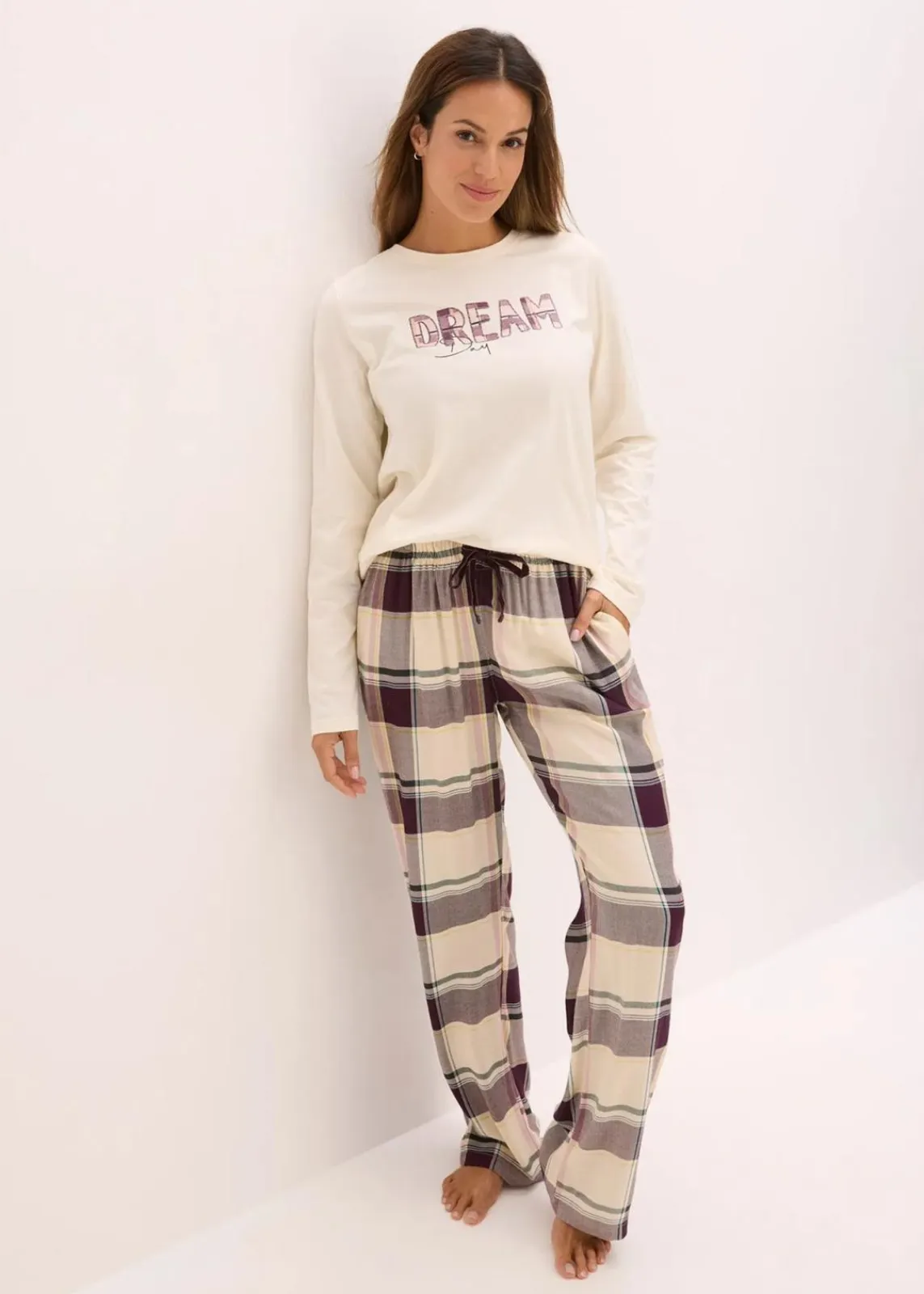 bonprix Wäsche·Nachtwäsche|Nachtwäsche|Pyjama mit weicher Webhose und Geschenktasche naturbeige/holunderbeere kariert