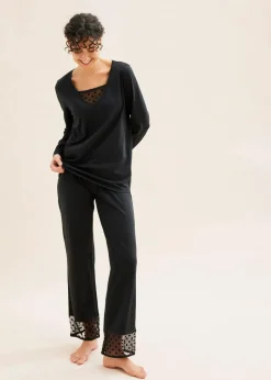 bonprix Wäsche·Basics|Wäsche·Nachtwäsche|Pyjama mit zartem Mesh schwarz