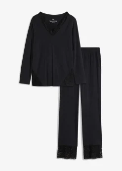 bonprix Wäsche·Nachtwäsche|Nachtwäsche|Pyjama mit zarter Spitze schwarz