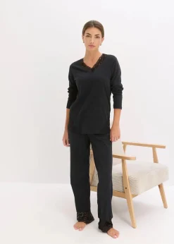 bonprix Wäsche·Nachtwäsche|Nachtwäsche|Pyjama mit zarter Spitze schwarz
