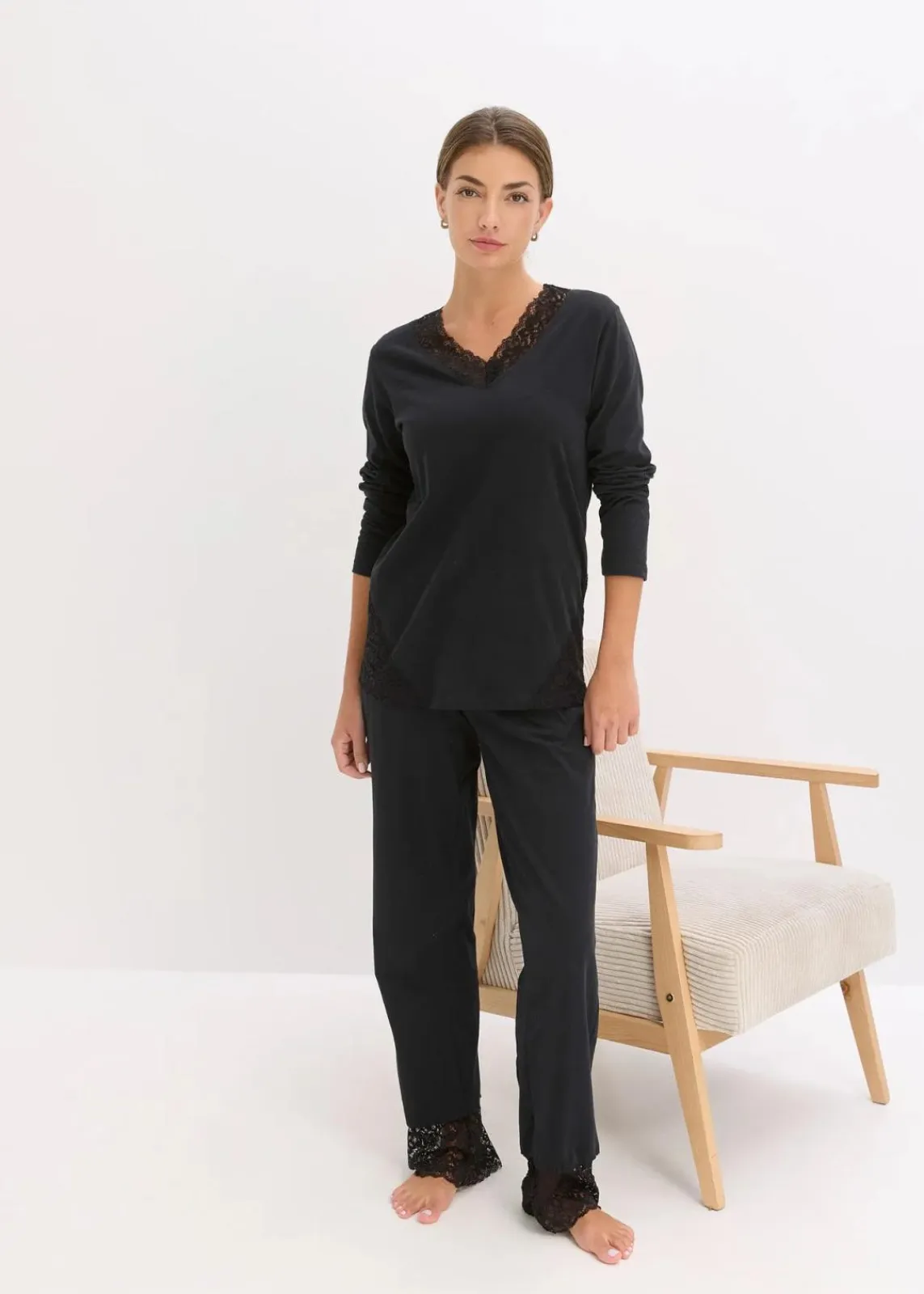 bonprix Wäsche·Nachtwäsche|Nachtwäsche|Pyjama mit zarter Spitze schwarz