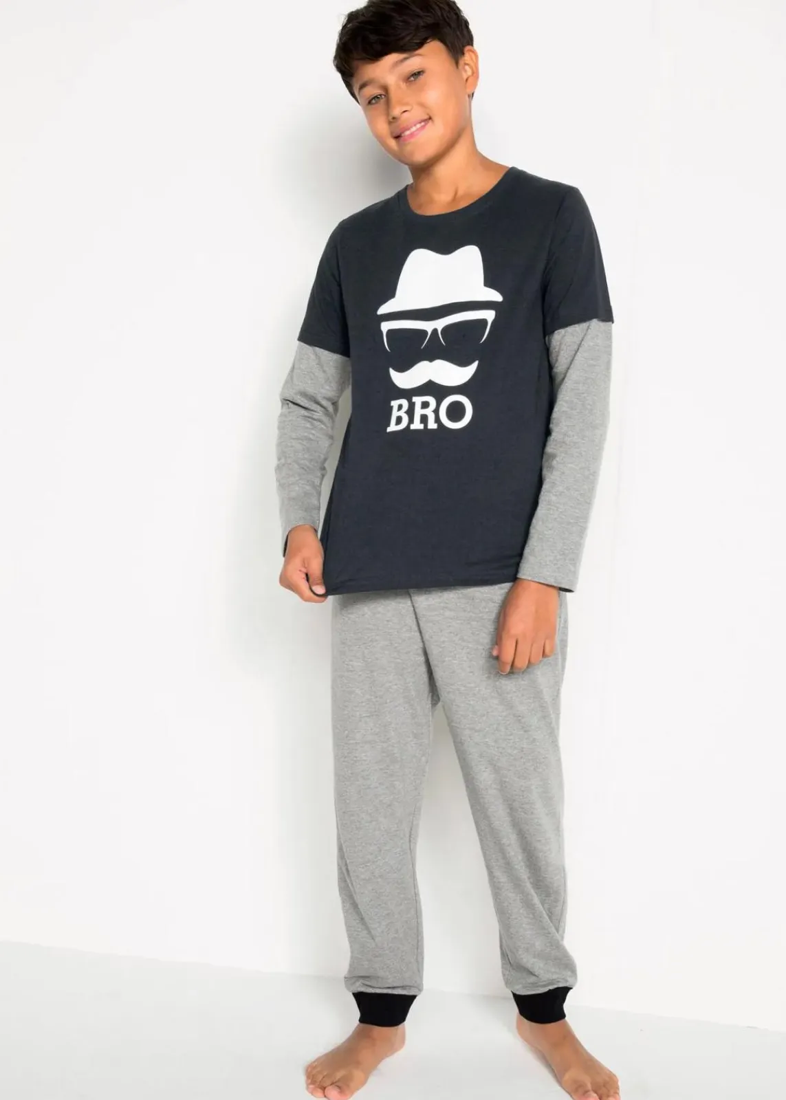 bonprix Jungen·Nachtwäsche|Pyjama (2-tlg.) hellgrau meliert/schwarz
