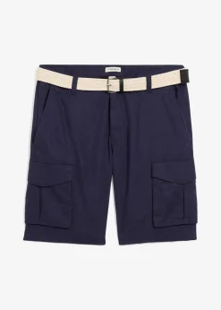 bonprix Hosen|Basics|Regular Fit Cargo-Bermuda mit Gürtel aus luftigem Leinen-Mix dunkelblau