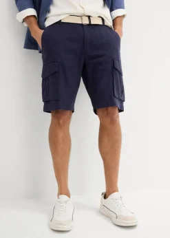 bonprix Hosen|Basics|Regular Fit Cargo-Bermuda mit Gürtel aus luftigem Leinen-Mix dunkelblau