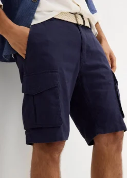 bonprix Hosen|Basics|Regular Fit Cargo-Bermuda mit Gürtel aus luftigem Leinen-Mix dunkelblau