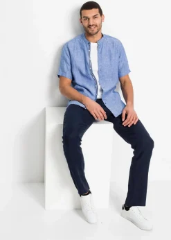 bonprix Hosen|Große Größen|Regular Fit Chinohose aus reinem Leinen, Straight dunkelblau