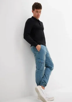 bonprix Jeans|Sweat|Regular Fit Jeans-Jogger mit Komfortbund, Straight hellblau denim/beige