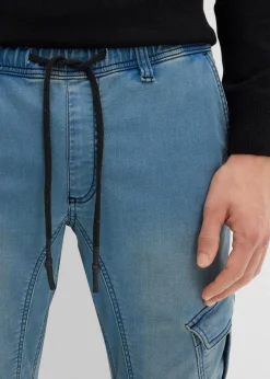 bonprix Jeans|Sweat|Regular Fit Jeans-Jogger mit Komfortbund, Straight hellblau denim/beige