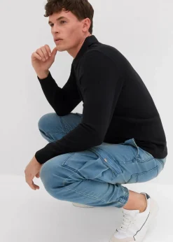 bonprix Jeans|Sweat|Regular Fit Jeans-Jogger mit Komfortbund, Straight hellblau denim/beige