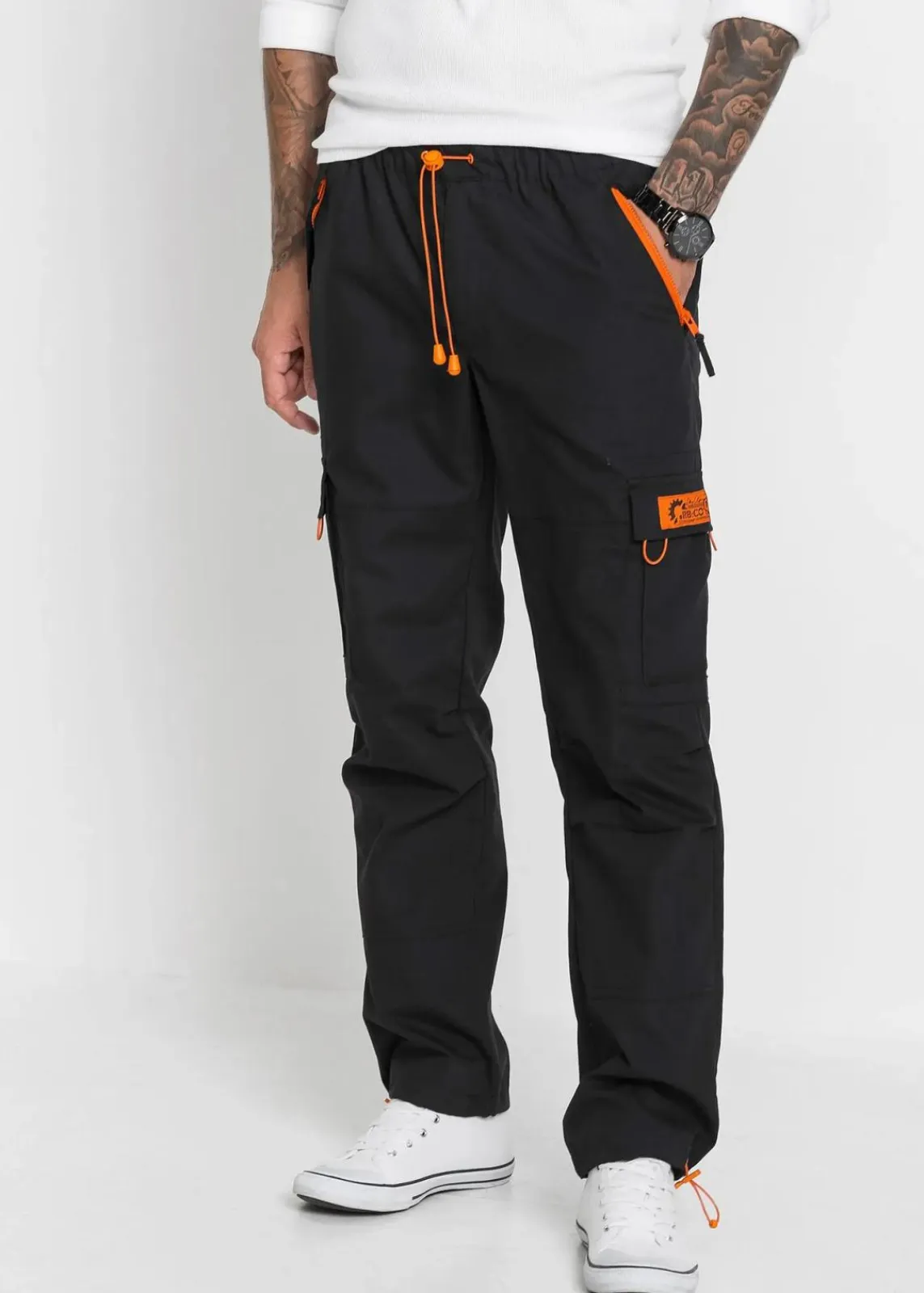bonprix Große Größen|Hosen|Relaxed Fit Schlupf-Cargohose, Straight schwarz/orange