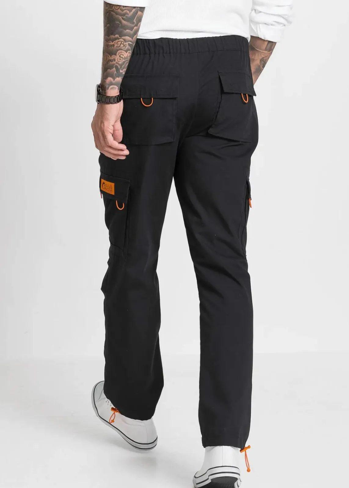 bonprix Große Größen|Hosen|Relaxed Fit Schlupf-Cargohose, Straight schwarz/orange