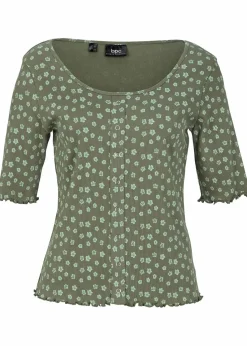 Ripp-Shirt mit Blumendruck, Halbarm|bonprix