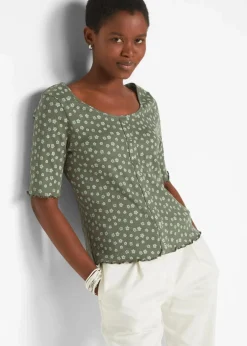 Ripp-Shirt mit Blumendruck, Halbarm|bonprix