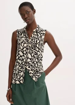 bonprix Shirts & Tops|ärmelloses Poloshirt mit Raffung schwarz/natur bedruckt