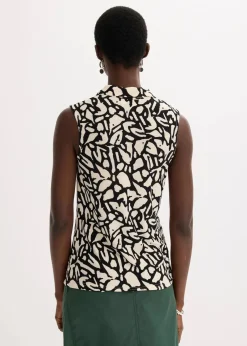 bonprix Shirts & Tops|ärmelloses Poloshirt mit Raffung schwarz/natur bedruckt