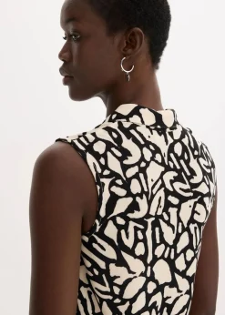 bonprix Shirts & Tops|ärmelloses Poloshirt mit Raffung schwarz/natur bedruckt