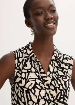 bonprix Shirts & Tops|ärmelloses Poloshirt mit Raffung schwarz/natur bedruckt