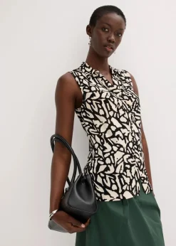 bonprix Shirts & Tops|ärmelloses Poloshirt mit Raffung schwarz/natur bedruckt