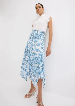 bonprix Röcke|Rock mit Zipfelsaum weiß/blau bedruckt