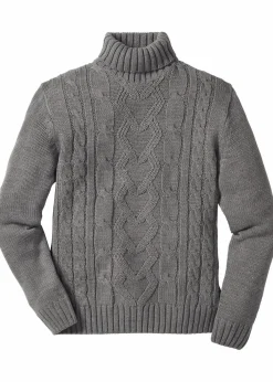 bonprix Pullover & Strickjacken|Große Größen|Rollkragenpullover mit Zopfmuster grau meliert