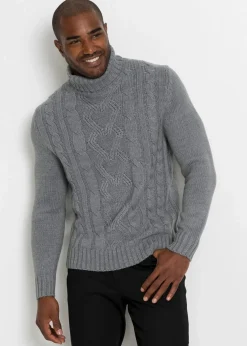 bonprix Pullover & Strickjacken|Große Größen|Rollkragenpullover mit Zopfmuster grau meliert
