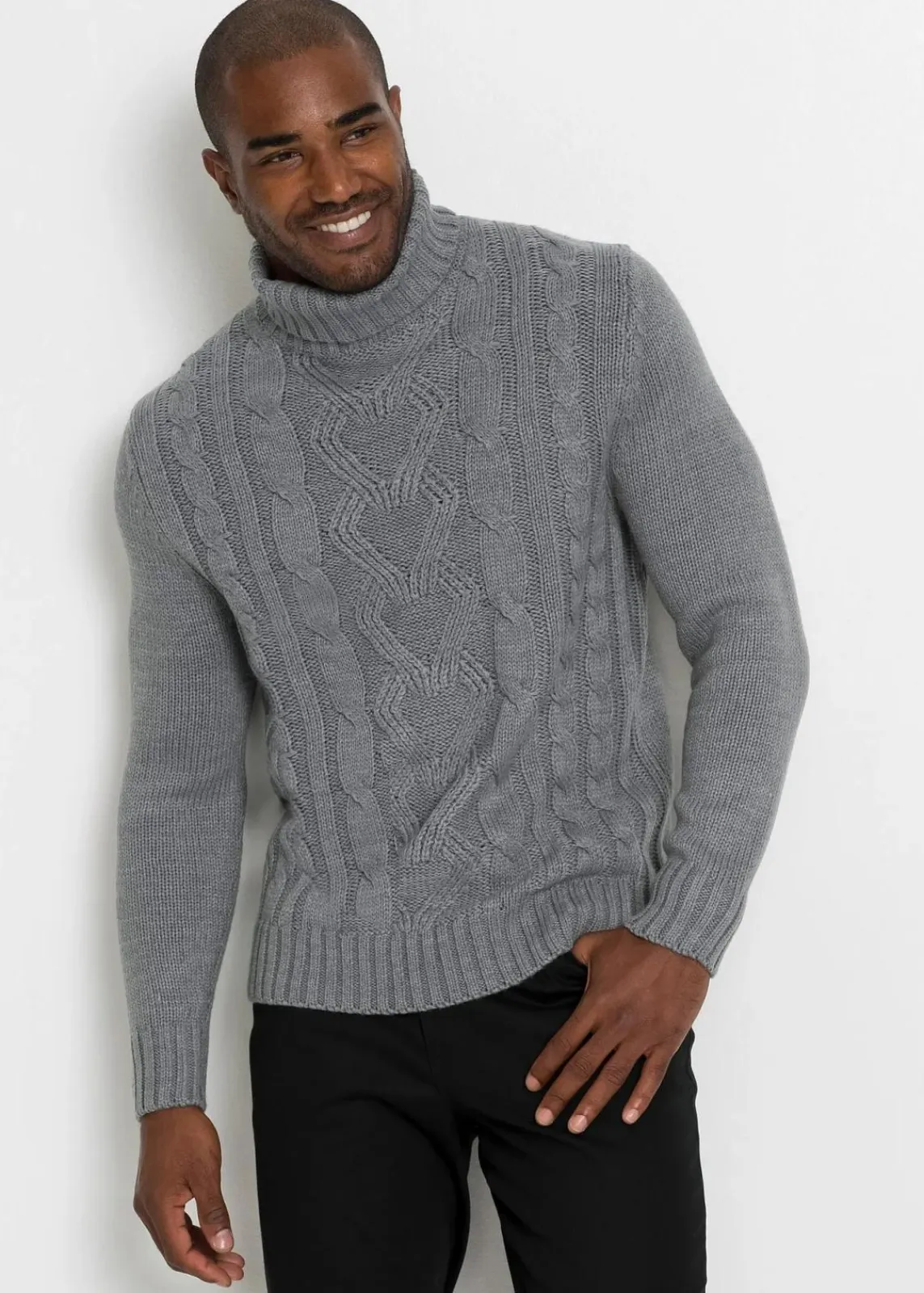 bonprix Pullover & Strickjacken|Große Größen|Rollkragenpullover mit Zopfmuster grau meliert