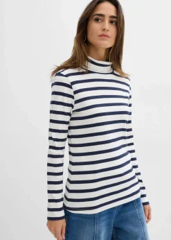 bonprix Bekleidung·Röcke|Basics|Rollkragenshirt aus reiner Baumwolle wollweiß/dunkelblau gestreift