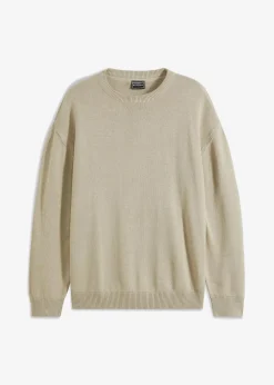 bonprix Pullover & Strickjacken|Große Größen|Rundhalspullover aus weichem Baumwollmix, Loose Fit kitt