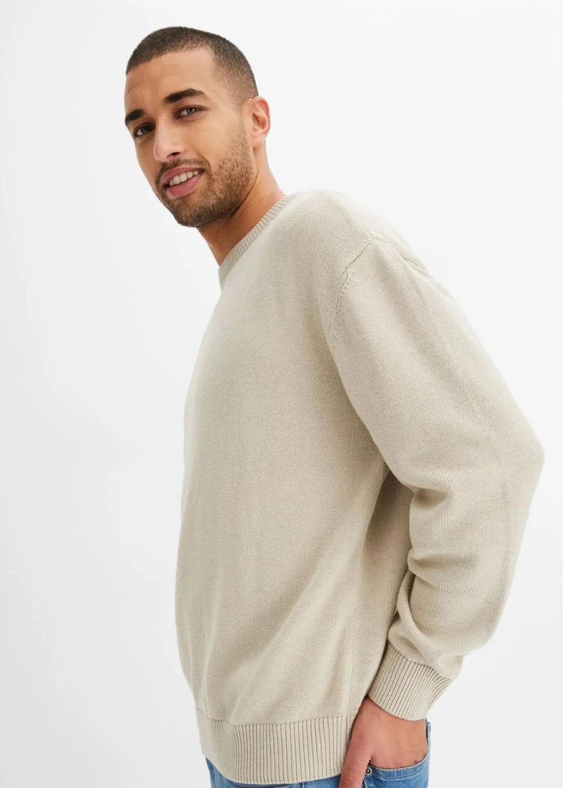 bonprix Pullover & Strickjacken|Große Größen|Rundhalspullover aus weichem Baumwollmix, Loose Fit kitt