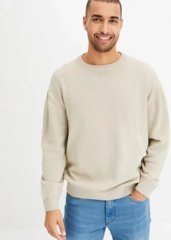bonprix Pullover & Strickjacken|Große Größen|Rundhalspullover aus weichem Baumwollmix, Loose Fit kitt