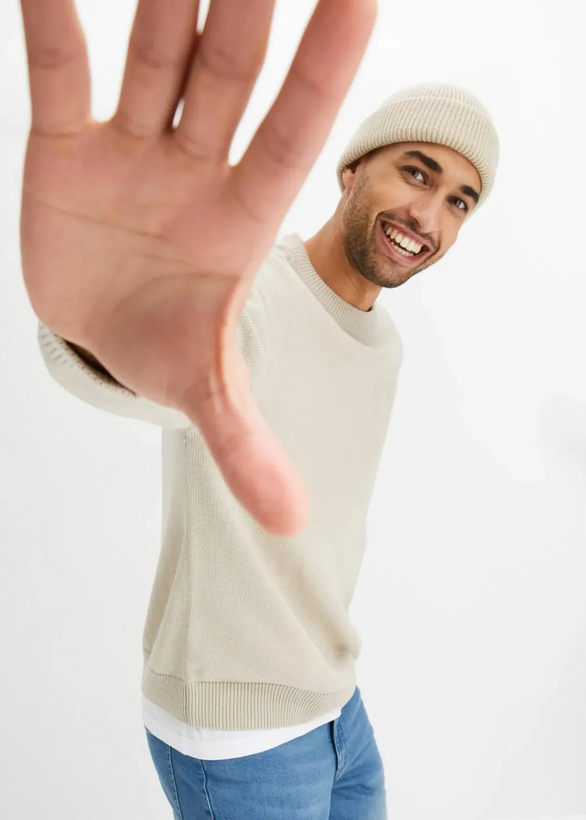 bonprix Pullover & Strickjacken|Große Größen|Rundhalspullover aus weichem Baumwollmix, Loose Fit kitt