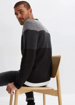 bonprix Pullover & Strickjacken|Große Größen|Rundhalspullover im Colourblocking schwarz/anthrazit meliert/grau meliert gestreift