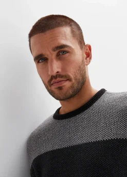 bonprix Pullover & Strickjacken|Große Größen|Rundhalspullover im Colourblocking schwarz/anthrazit meliert/grau meliert gestreift