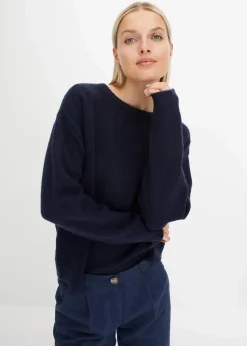 bonprix Strickmode|Pullover & Strickjacken|Rundhalspullover mit überschnittener Schulter dunkelblau