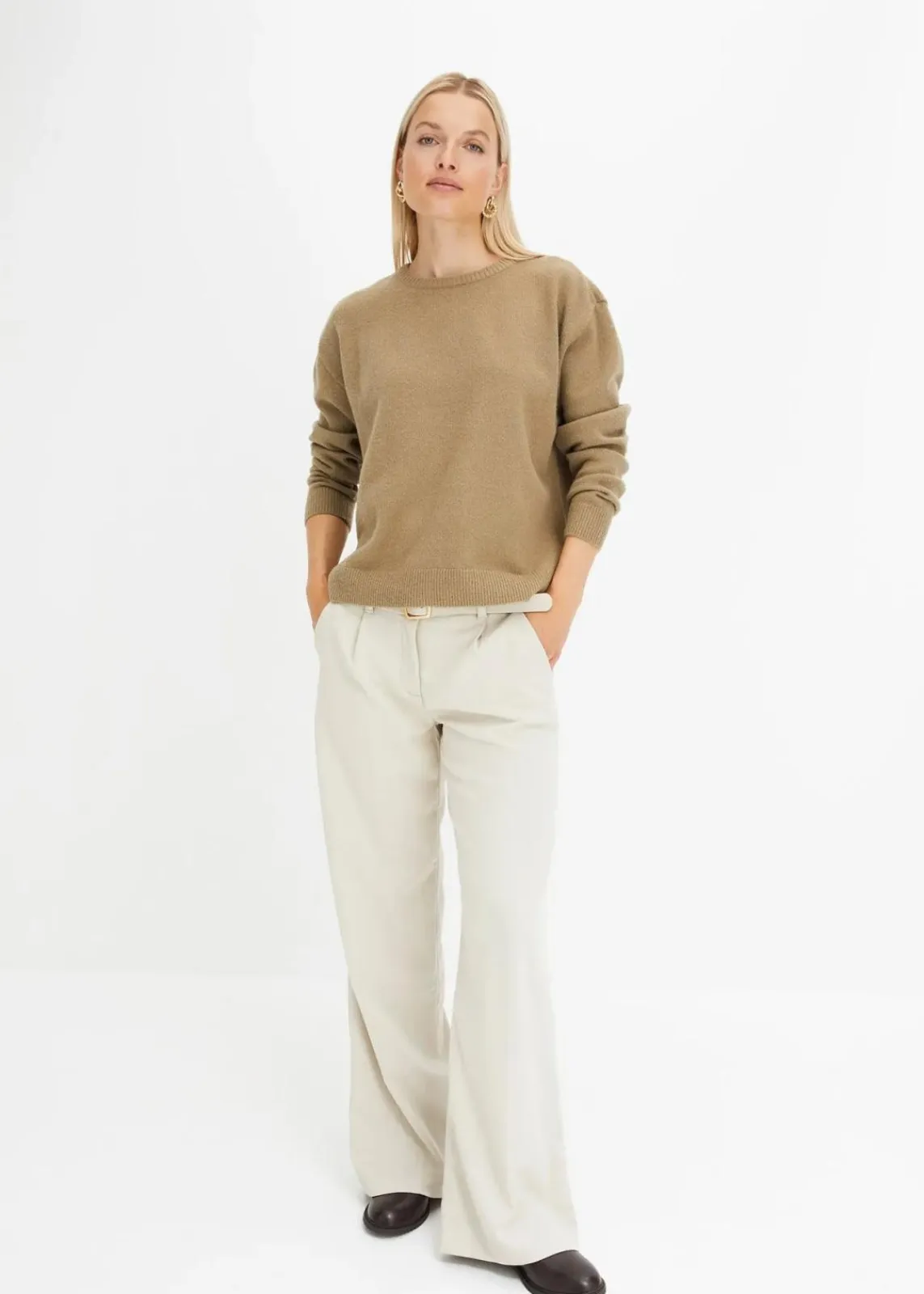 bonprix Strickmode|Pullover & Strickjacken|Rundhalspullover mit überschnittener Schulter new khaki