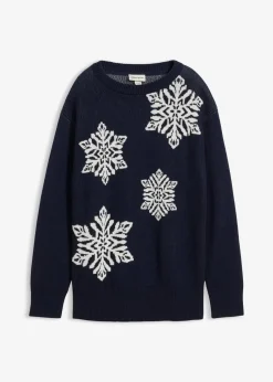 bonprix Bekleidung·Umstandsmode|Bekleidung·Jeans|Rundhalspullover mit Schneeflocken dunkelblau/wollweiß