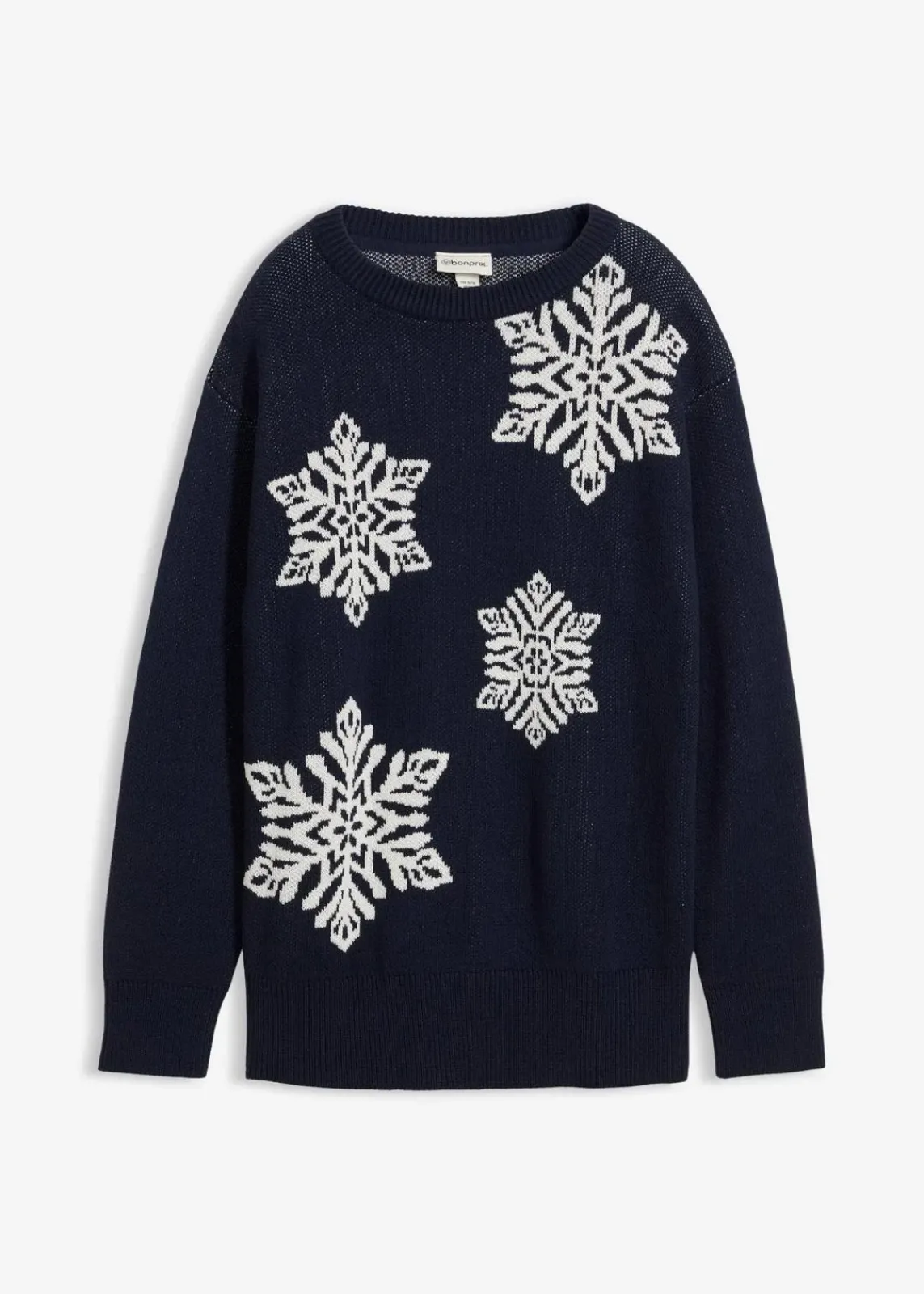 bonprix Bekleidung·Umstandsmode|Bekleidung·Jeans|Rundhalspullover mit Schneeflocken dunkelblau/wollweiß