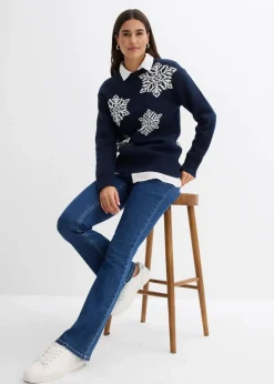 bonprix Bekleidung·Umstandsmode|Bekleidung·Jeans|Rundhalspullover mit Schneeflocken dunkelblau/wollweiß