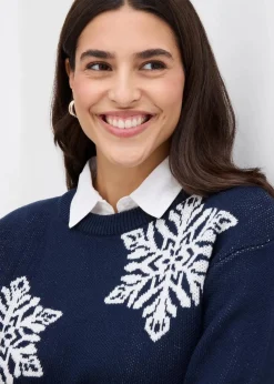 bonprix Bekleidung·Umstandsmode|Bekleidung·Jeans|Rundhalspullover mit Schneeflocken dunkelblau/wollweiß