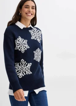 bonprix Bekleidung·Umstandsmode|Bekleidung·Jeans|Rundhalspullover mit Schneeflocken dunkelblau/wollweiß