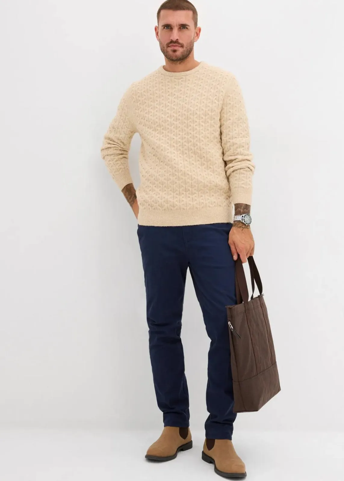 bonprix Große Größen|Pullover & Strickjacken|Rundhalspullover mit Strukturmuster hellsand meliert