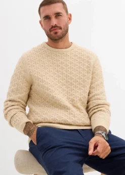 bonprix Große Größen|Pullover & Strickjacken|Rundhalspullover mit Strukturmuster hellsand meliert