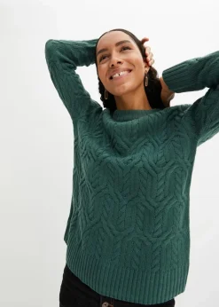 bonprix Strickmode|Pullover & Strickjacken|Rundhals-Pullover mit Zopfmuster mattgrün