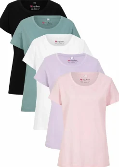 bonprix Shirts & Tops|Basics|Rundhals-Shirt (5er-Pack) hellviolett + rauchsalbei + kristallrosa + schwarz + weiß