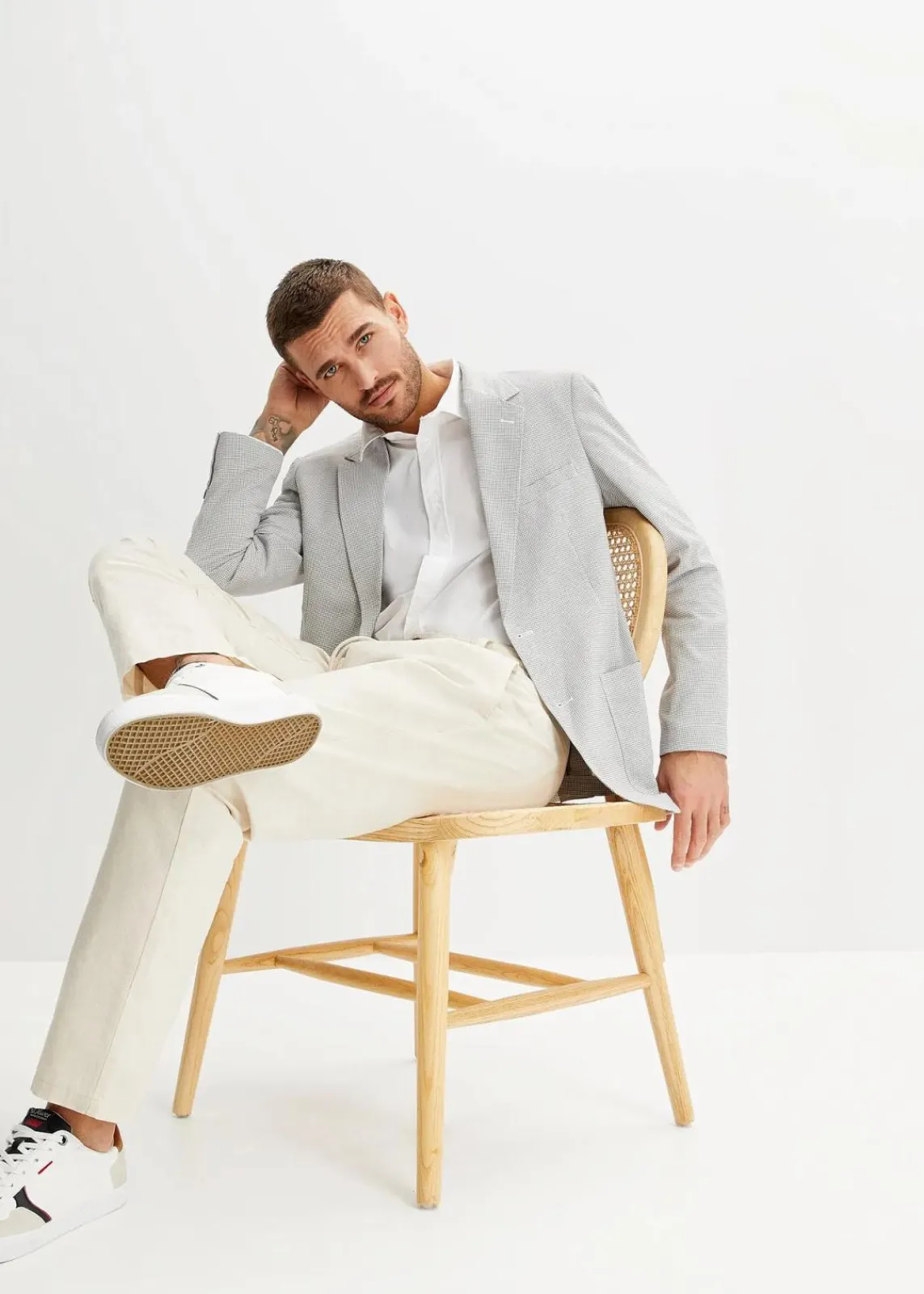 bonprix Anzüge & Sakkos|Sakko in Seersucker-Qualität, Regular Fit wollweiß/hellgrau meliert