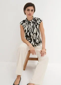 bonprix Bekleidung·Jacken & Mäntel|Blusen & Tuniken|Satin Blusentop naturbeige/schwarz bedruckt